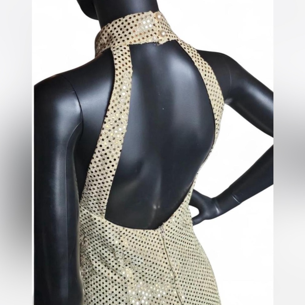 Vintage Y2K Roberta Gold Metallic Sequins Halter Maxi Dress - Picture 6 of 7